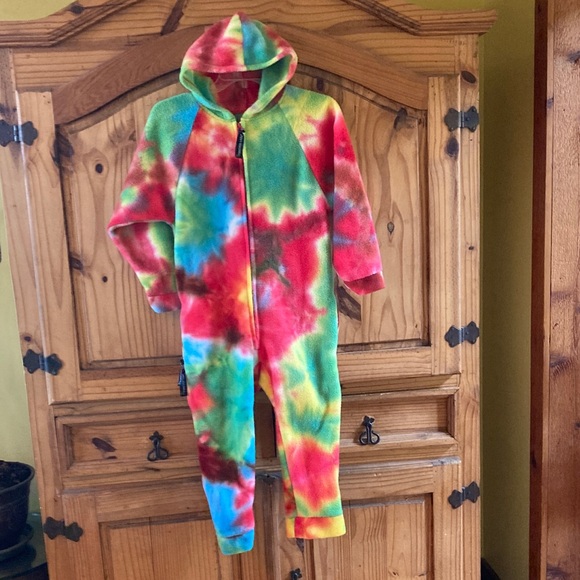 Kids Forever Lazy red blue green zip front hooded one piece pajamas size S 8/10 - Picture 1 of 6
